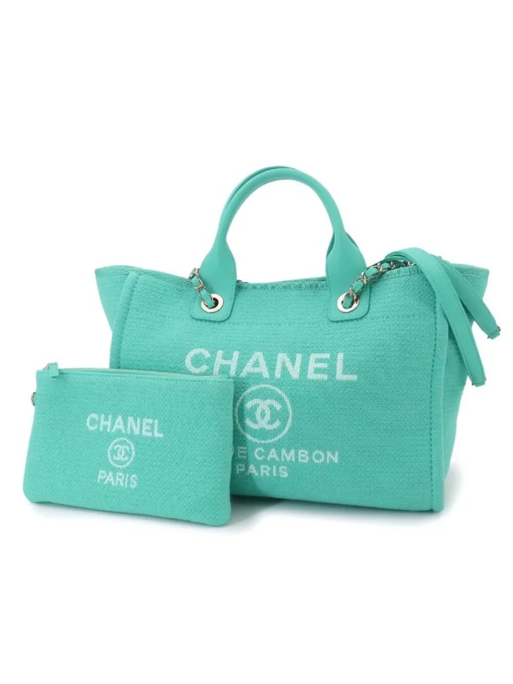 Chanel Deauville Small Shopping Tote Chain Shoulder Bag Canvas Leather
